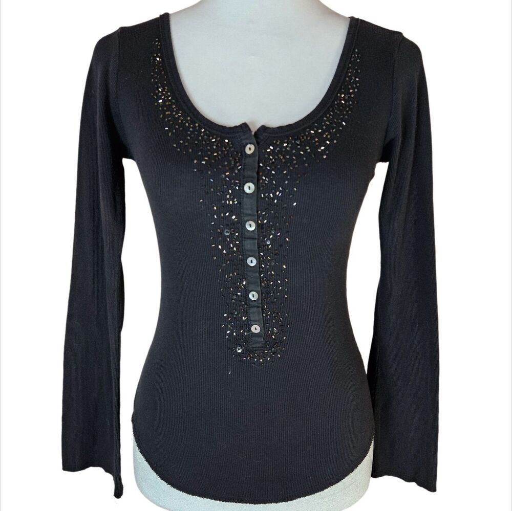 Love Rocks Beaded Ribbed Henley Women's Medium Long Flare Sleeve Y2K Fitted 90s